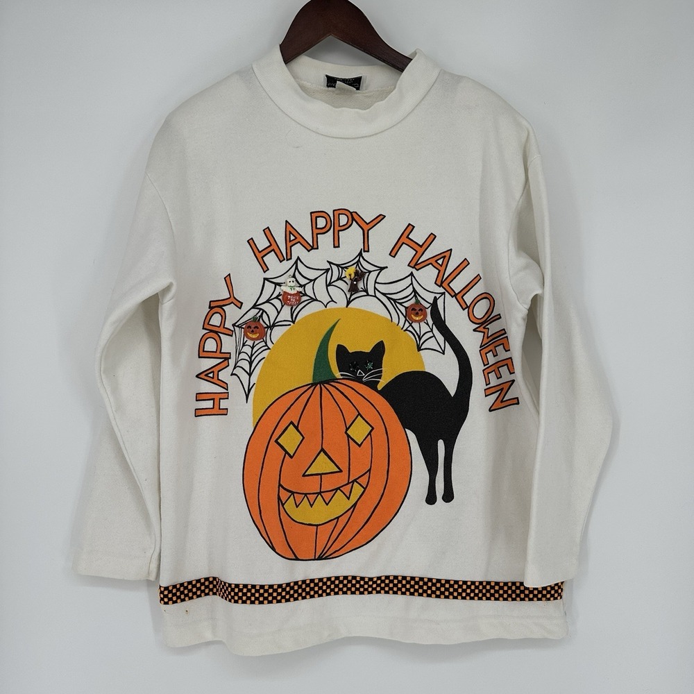 vintage 1980s white Halloween crewneck sweatshirt USA made medium Black Cat